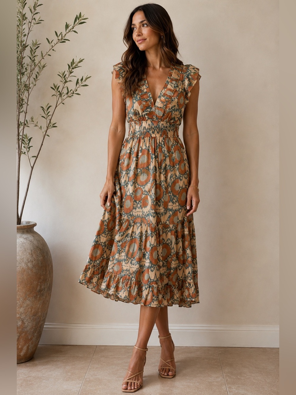 Ulla Johnson Metallic Printed Ruffle Midi Dress Size 4 Boho Luxe